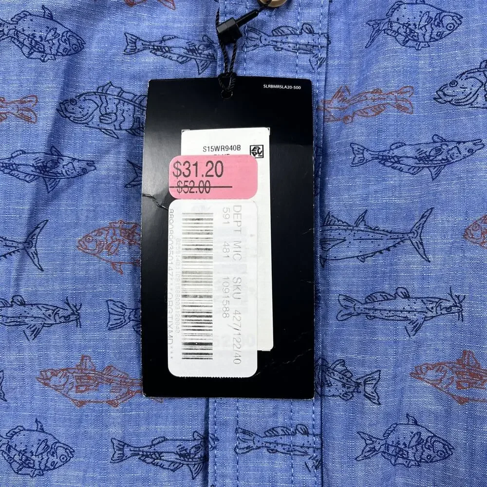 NEW Solaris Shirt Men's 4XB‎ BIG Blue Fish Print Short Sleeve Button Beach Camp